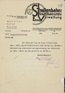 Elbinger Straβenbahn m.B.H. (Städt. Elektrizitäts-Verwaltung, Elbing) - Magistrat der Stadt Elbing (B.III.) - korespondencja (03.08.1933)