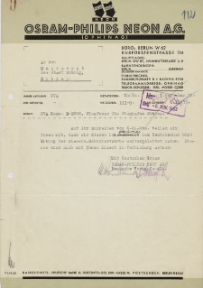 Osram-Philips Neon A.G. Berlin - Magistrat der Stadt Elbing - korespondencja (7.11.1933 r.)