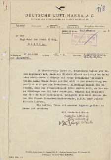 Deutsche Luft Hansa, Berlin - Magistrat der Stadt Elbing (B.III.) - korespondencja (10.11.1933 r.)