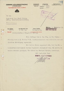 Siemens-Schuckertwerke A.G. Technisches Büro, Elbing - Magistrat der Stadt Elbing - korespondencja (9.11.1933 r.)