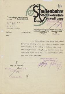 Elbinger Straβenbahn m.B.H. (Städt. Elektrizitäts-Verwaltung, Elbing) - Magistrat der Stadt Elbing (B.III.) - korespondencja (26.10.1933 r.)