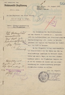 Der Präsident des Reichsamts für Flugsicherung, Berlin - Magistrat der Stadt Elbing - korespondencja (16.08.1933 r.)