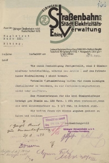 Elbinger Straβenbahn m.B.H. (Städt. Elektrizitäts-Verwaltung, Elbing) - Magistrat der Stadt Elbing (B.III.) - korespondencja (25.08.1933)