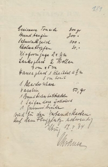 Rękopiśmienna notatka sporządzona 12 lutego 1934 r. - lista medykamentów