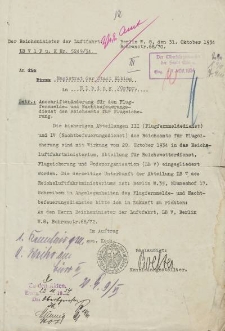Reichsminister der Luftfahrt - Magistrat der Stadt Elbing - korespondencja (31.10.1934 r.)