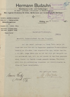 Firma Hermann Budzuhn. Elektrische Licht- und Kraftanlagen, Elbing - Magistrat der Stadt Elbing - korespondencja (04.11.1933 r.)