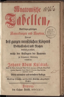 Anatomische Tabellen : nebst dazu gehörigen Anmerkungen und Kupfern; daraus des ganzen menschlichen Körpers Beschaffenheit und Nutzen deutlich zu ersehen: welche den Anfängern der Anatomie zu bequemerer Anleitung