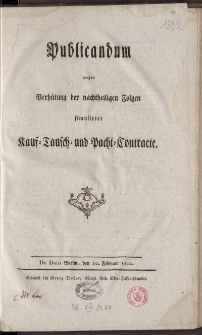 Publicandum wegen Verhütung der nachtheiligen Folgen simulirter Kauf=Tausch=und Pacht=Contracte
