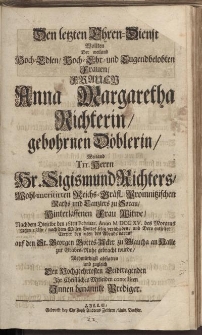 Den letzten Ehren-Dienst [...] Frauen Anna Margaretha Richterin gebohrnen Döblerin [...] Herrn Hr. Sigismund Richters [...]