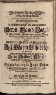 Die liebreiche Vorsorge Gottes […] Herrn David Vogel [...] Igf. Maria Elisabeth […] Herrn Christoph Schultz…von Bernhard von Sanden […]