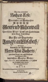Bey dem erfreulichen Hochzeit-Feste ... Herrn Gottfried Achenwall ... Jungfrau Elisabeth ... .