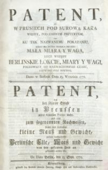 1772, Patent, iż w Prusiech pod surową karą więcey, pod zadnym pretextem, ani ku tak nazwanemu pokazaniu, daley na potym przeszła