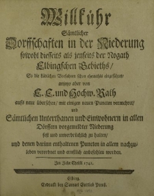 Willkühr sämtlicher Dorffschaften in der Niederung sowohl diesseits als jenseits der Nogath Elblingschen Gebieths, So die Löblichen Vorfahren schon ehemahls eingeführet […]
