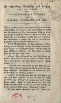 Correspondenz-Nachricht aus Krakau, Ende April 1832 über ein diplomatisches Aktenstück und verschiedene Sendschreiben von Zion