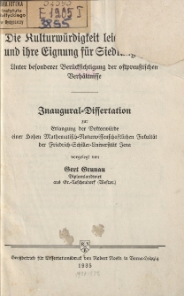 Die Kulturwürdigkeit leichter Böden und ihre Eignung für Siedlungszwecke unter besonderer Berücksichtigung der ostpreuβischen Verhältnisse