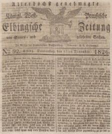 Elbingsche Zeitung, No. 92 Donnerstag, 16 November 1826