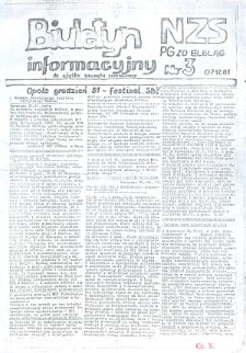1981-12, Biuletyn Informacyjny Niezależnego Zrzeszenia Studentów Politechniki Gdańskiej Zespołu Oddziałów Elbląg, Nr 3 (1) 1981 [wydanie powielaczowe]