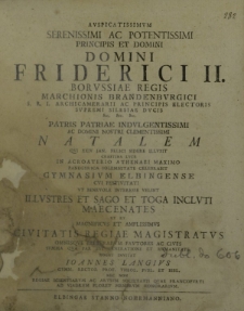 Auspicatissimum Serenissimi ac Potentissimi Domini Friderici II. [...] Natalem [...] rogat invitat Ioannes Langius [...]