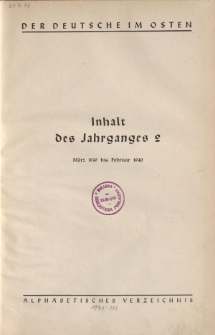 Der Deutsche im Osten. Monatschrift für Kultur, Politik und Unterhaltung, Jahrgang 2, Inhalt