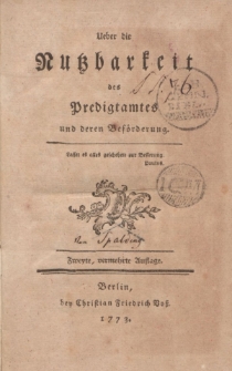 Ueber die Nutzbarkeit des Predigtamtes und deren Beförderung