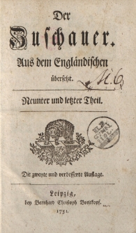 Der Zuschauer; Aus dem Engländischen übersetzet. Neunter und letzter Theil