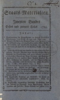 Staats-Materialien und historisch-politische Aufklärungen für das Publikum: vorzüglich zur Kenntniß des deutschen Vaterlandes in ältern und gegenwärtigen Zeiten. Zweyten Bandes. Erstes-Sechstes Stück
