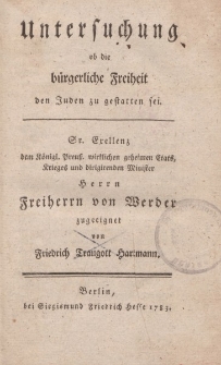 Untersuchung ob die bürgerliche Freiheit den Juden zu gestatten sei […] von Friedrich Traugott Hartmann