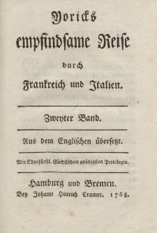 Yoricks empfindsame Reise durch Frankreich und Italien. Erster Band. Aus dem Englischen übersetzt