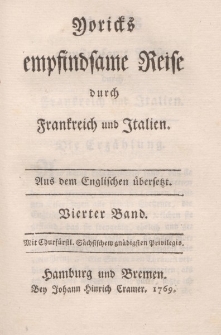 Yoricks empfindsame Reise durch Frankreich und Italien. Aus dem Englischen übersetzt. Vierter Band