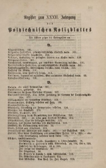 Polytechnisches Notizblatt für Gewerbtreibende, Fabrikanten und Künstler, XXXII Jahrgang, Register