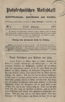 Polytechnisches Notizblatt für Gewerbtreibende, Fabrikanten und Künstler, XXXII Jahrgang, No.4