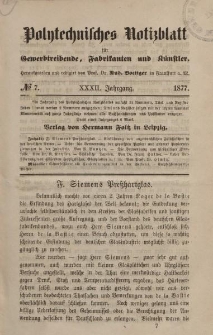 Polytechnisches Notizblatt für Gewerbtreibende, Fabrikanten und Künstler, XXXII Jahrgang, No.7