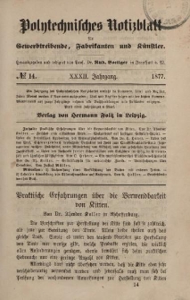 Polytechnisches Notizblatt für Gewerbtreibende, Fabrikanten und Künstler, XXXII Jahrgang, No.14