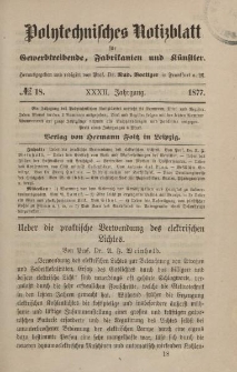 Polytechnisches Notizblatt für Gewerbtreibende, Fabrikanten und Künstler, XXXII Jahrgang, No.18