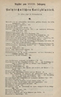 Polytechnisches Notizblatt für Chemiker, Gewerbtreibende, Fabrikanten und Künstler, XXXIII Jahrgang, Register