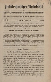 Polytechnisches Notizblatt für Chemiker, Gewerbtreibende, Fabrikanten und Künstler, XXXIII Jahrgang, No.1