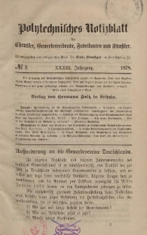Polytechnisches Notizblatt für Chemiker, Gewerbtreibende, Fabrikanten und Künstler, XXXIII Jahrgang, No.2