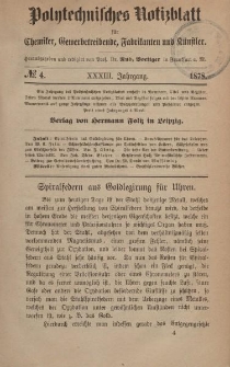 Polytechnisches Notizblatt für Chemiker, Gewerbtreibende, Fabrikanten und Künstler, XXXIII Jahrgang, No.4