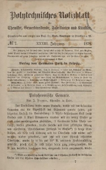 Polytechnisches Notizblatt für Chemiker, Gewerbtreibende, Fabrikanten und Künstler, XXXIII Jahrgang, No.7