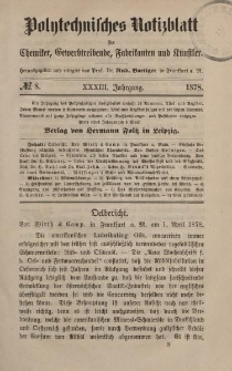 Polytechnisches Notizblatt für Chemiker, Gewerbtreibende, Fabrikanten und Künstler, XXXIII Jahrgang, No.8