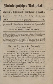 Polytechnisches Notizblatt für Chemiker, Gewerbtreibende, Fabrikanten und Künstler, XXXIII Jahrgang, No.10