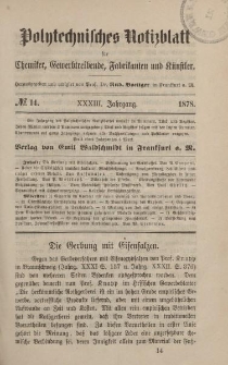 Polytechnisches Notizblatt für Chemiker, Gewerbtreibende, Fabrikanten und Künstler, XXXIII Jahrgang, No.14