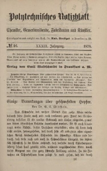 Polytechnisches Notizblatt für Chemiker, Gewerbtreibende, Fabrikanten und Künstler, XXXIII Jahrgang, No.16