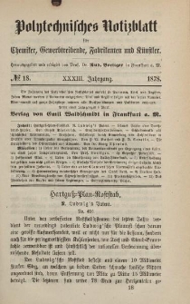 Polytechnisches Notizblatt für Chemiker, Gewerbtreibende, Fabrikanten und Künstler, XXXIII Jahrgang, No.18