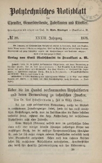 Polytechnisches Notizblatt für Chemiker, Gewerbtreibende, Fabrikanten und Künstler, XXXIII Jahrgang, No.20