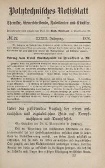 Polytechnisches Notizblatt für Chemiker, Gewerbtreibende, Fabrikanten und Künstler, XXXIII Jahrgang, No.22