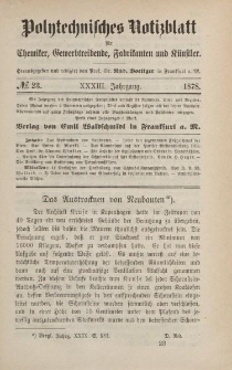 Polytechnisches Notizblatt für Chemiker, Gewerbtreibende, Fabrikanten und Künstler, XXXIII Jahrgang, No.23