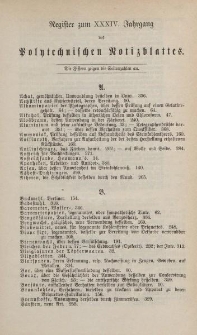 Polytechnisches Notizblatt für Chemiker, Gewerbtreibende, Fabrikanten und Künstler, XXXIV Jahrgang, Register