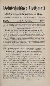 Polytechnisches Notizblatt für Chemiker, Gewerbtreibende, Fabrikanten und Künstler, XXXIV Jahrgang, No.19