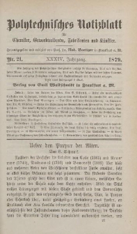 Polytechnisches Notizblatt für Chemiker, Gewerbtreibende, Fabrikanten und Künstler, XXXIV Jahrgang, No.21
